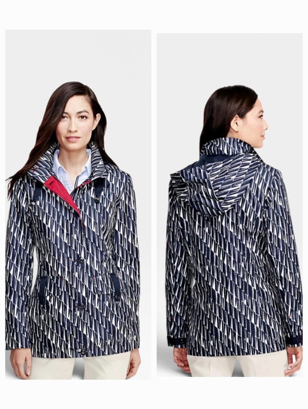 Lands End Womens Storm Raker Rain Jacket Navy Ivory Sz 18P Geometric Sailboats